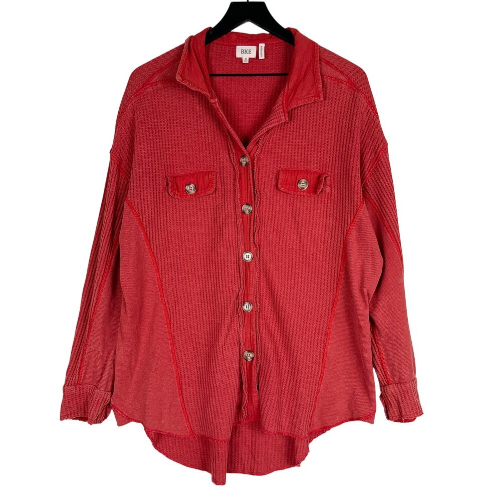 BKE Washed Waffle-knit Boyfriend Shirt Button Up Red - M